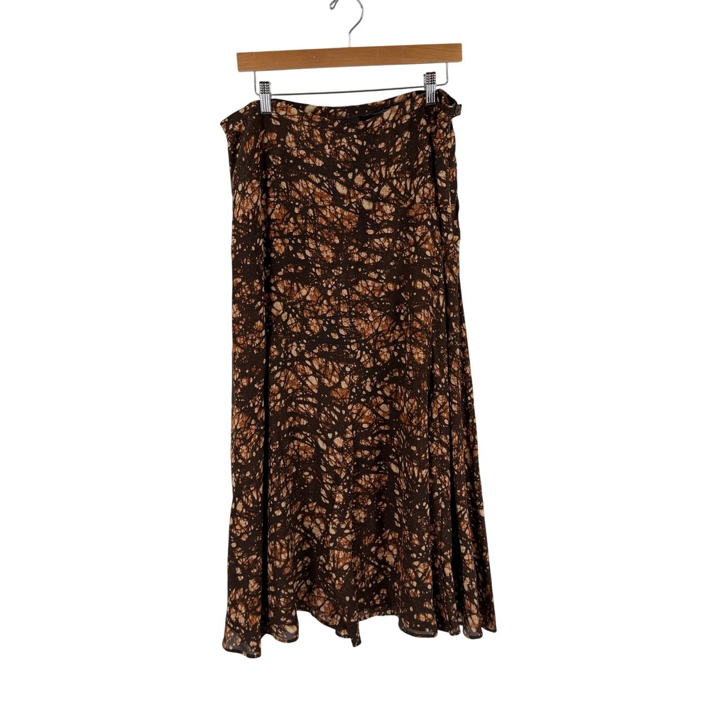 Jones New York 100% Silk Maxi Skirt Brown Size 14 Abstract Batik Earthy Boho